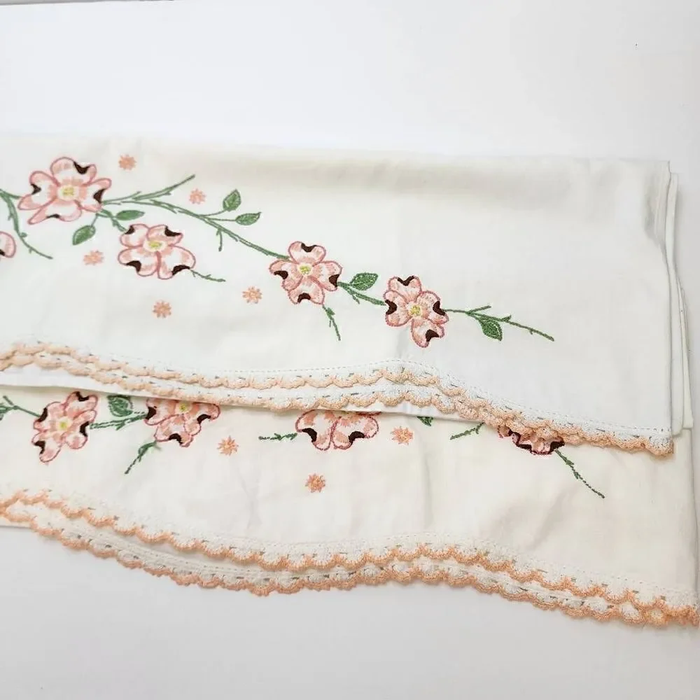 2 Vintage Matching White Pillowcases with Crocheted Edges and Embroidery